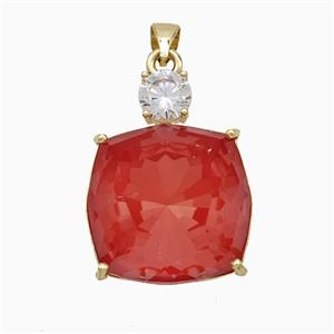 Red Crystal Glass Square Pendant Copper Gold Plated, approx 19-25mm
