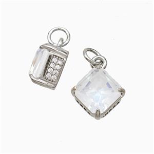 Copper Square Pendant Pave Zirconia White Crystal Glass Platinum Plated, approx 8-11mm