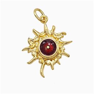 Copper Sun Pendant Darkred Painted Eye Gold Plated, approx 16-18mm