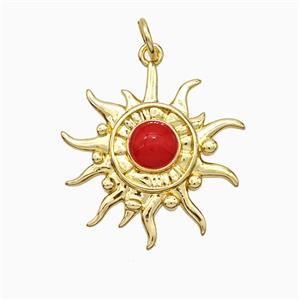 Copper Sun Pendant Red Enamel Gold Plated, approx 20mm
