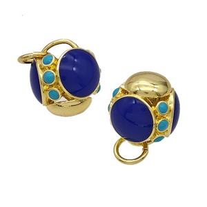 Copper Round Beads Blue Enamel Hollow Gold Plated, approx 12mm