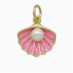 Scallop Shell Charms Copper Pendant Pave Resin Pink Enamel Gold Plated, approx 12-14mm
