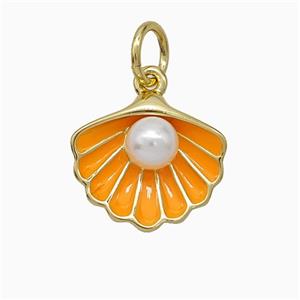 Scallop Shell Charms Copper Pendant Pave Resin Orange Enamel Gold Plated, approx 12-14mm