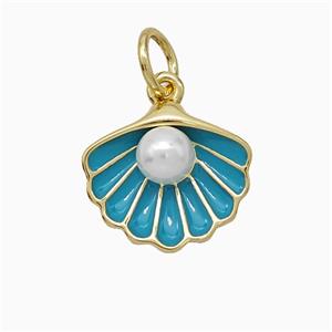 Scallop Shell Charms Copper Pendant Pave Resin Teal Enamel Gold Plated, approx 12-14mm