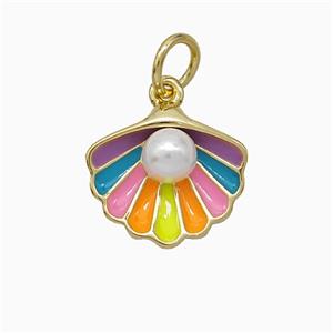 Scallop Shell Charms Copper Pendant Pave Resin Multicolor Enamel Gold Plated, approx 12-14mm