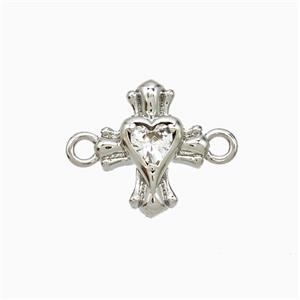 Copper Heart Cross Connector Pave Zirconia Platinum Plated, approx 12mm