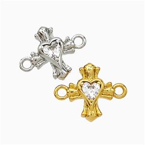 Copper Heart Cross Connector Pave Zirconia Mixed, approx 12mm