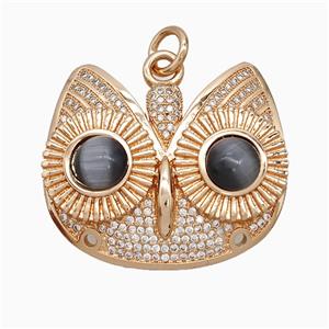 Copper Owl Charms Pendant Pave Zirconia Cateye Rose Gold, approx 30-38mm