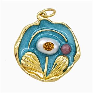 Copper Flower Pendant Teal Painted Gold Plated, approx 19mm