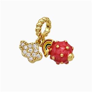 Copper Pitaya Pendant Pave Zirconia Red Enamel Gold Plated, approx 6-10mm, 9-12mm, 8mm dia
