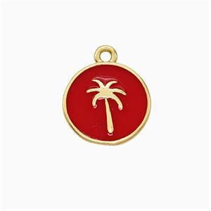 Coconut Tree Charms Copper Palm Pendant Red Enamel Gold Plated, approx 13mm