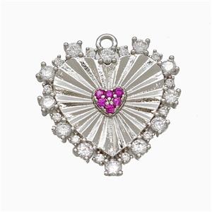 Copper Heart Pendant Micropave Zirconia Platinum Plated, approx 19mm