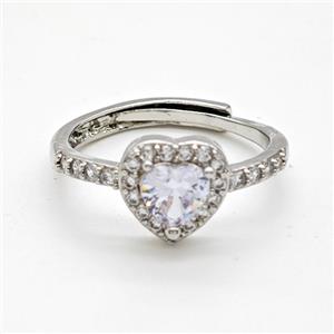 Copper Rings Pave Clear Crystal Glass Heart Adjustable Platinum Plated, approx 6mm, 10mm, 18mm dia