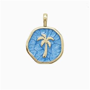 Coconut Tree Charms Copper Palm Pendant Blue Enamel Gold Plated, approx 14mm