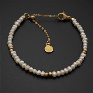 White Pearl Bracelet Copper Gold Plated, approx 3.5mm, 14-20cm length