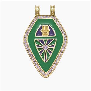 Copper Polygon Pendant Pave Zirconia Green Enamel 2loops Gold Plated, approx 21-34mm