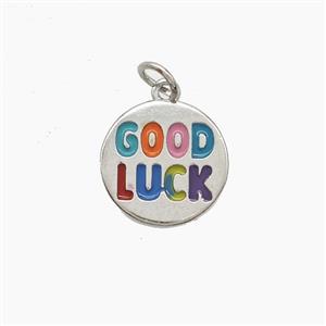 Copper GOODLUCK Pendant Multicolor Enamel Platinum Plated, approx 13.5mm
