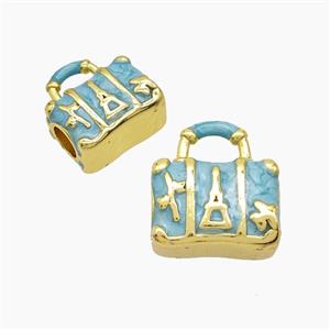 Copper Handbag Beads Blue Painted Large Hole Gold Plated, approx 13-14mm, 4mm hole