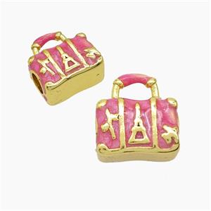 Copper Handbag Beads Pink Painted Large Hole Gold Plated, approx 13-14mm, 4mm hole