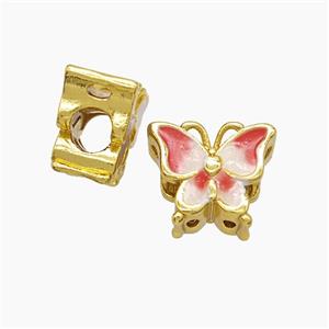 Copper Butterfly Beads Red Enamel Large Hole Gold Plated, approx 13-14mm, 4mm hole