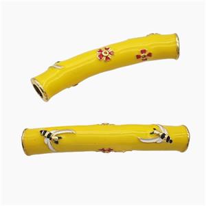 Copper Tube Beads Yellow Enamel Large Hole Curving Gold Plated, approx 7-42mm, 4mm hole