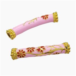 Copper Tube Beads Pink Enamel Large Hole Curving Flower Gold Plated, approx 8-42mm, 4mm hole