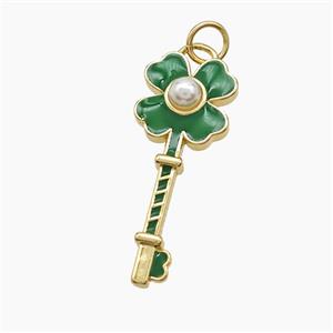 Copper Key Pendant Pave Resin Green Enamel Clover Gold Plated, approx 11-26mm