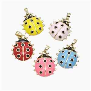 Copper Ladybug Pendant Pave Zirconia Enamel Gold Plated Mixed, approx 18mm