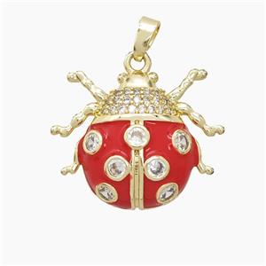 Copper Ladybug Pendant Pave Zirconia Red Enamel Gold Plated, approx 20-22mm
