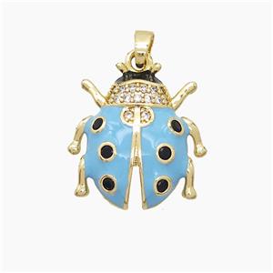 Copper Ladybug Pendant Pave Zirconia Blue Enamel Gold Plated, approx 18-20mm