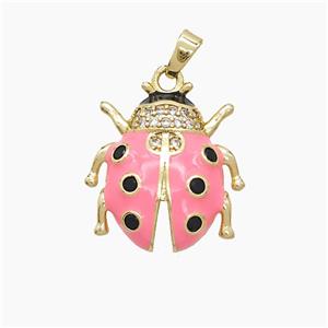 Copper Ladybug Pendant Pave Zirconia Pink Enamel Gold Plated, approx 18-20mm