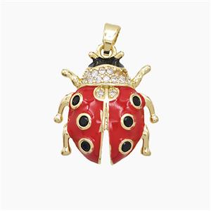 Copper Ladybug Pendant Pave Zirconia Red Enamel Gold Plated, approx 18-20mm