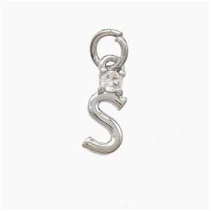Copper Letter-S Pendant Pave Zirconia Platinum Plated, approx 6-10mm