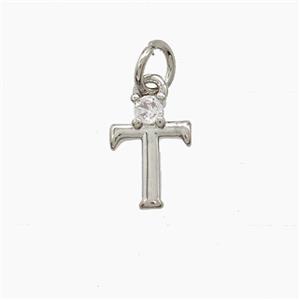 Copper Letter-T Pendant Pave Zirconia Platinum Plated, approx 6-10mm