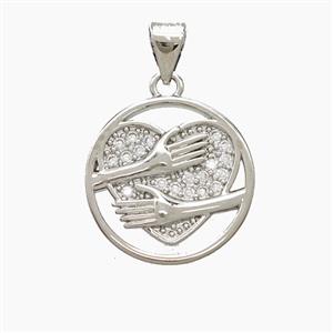 Copper Heart Pendant Pave Zirconia Love Embrace Platinum Plated, approx 16mm