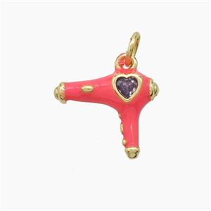 Copper Hairdriver Pendant Pave Zirconia Red Enamel Gold Plated, approx 12-14mm