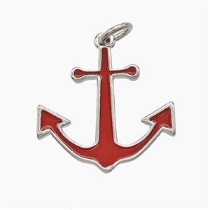 Copper Anchor Pendant Red Enamel Platinum Plated, approx 18mm