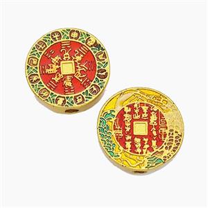 Chinese Style Copper Coin Beads Eight Diagram Red Painted Gold Plated, approx 14mm