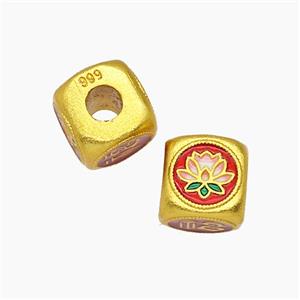 Copper Cube Beads Lotus Flower Painted Gold Plated, approx 9mm, 4mm hole
