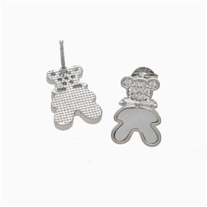 Copper Bear Stud Earrings Pave Zirconia Shell Platinum Plated, approx 9-12mm