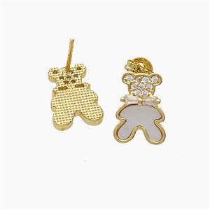 Copper Bear Stud Earrings Pave Zirconia Shell 18K Gold Plated, approx 9-12mm