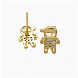 Copper Kids Boy Stud Earrings Pave Zirconia 18K Gold Plated, approx 7.5-11mm