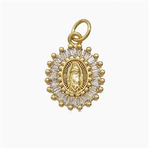 Copper Virgin Mary Pendant Pave Zirconia 18K Gold Plated, approx 12-14mm