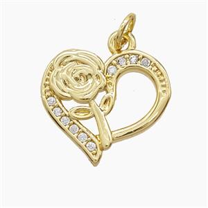 Copper Heart Pendant Pave Zirconia Flower 18K Gold Plated, approx 17mm