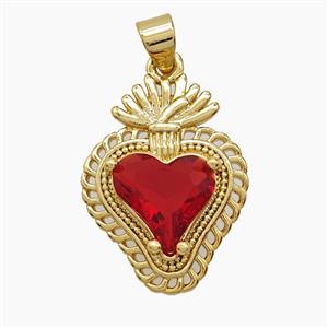 Copper Sacred Heart Pendant Pave Red Crystal Glass 18K Gold Plated, approx 17-22mm