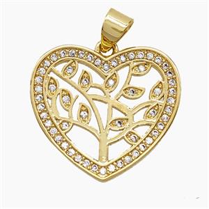 Copper Heart Tree Pendant Pave Zirconia 18K Gold Plated, approx 20mm