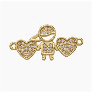 Copper Kids Boy Heart Connector Pave Zirconia 18K Gold Plated, approx 14-24mm