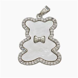 Copper Bear Pendant Pave Zirconia Shell White Platinum Plated, approx 19-22mm