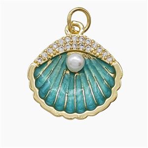 Copper Scallop Shell Pendant Pave Zirconia Resin Green Enamel 18K Gold Plated, approx 16-18mm