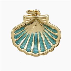 Copper Scallop Shell Pendant Green Enamel 18K Gold Plated, approx 16-19mm